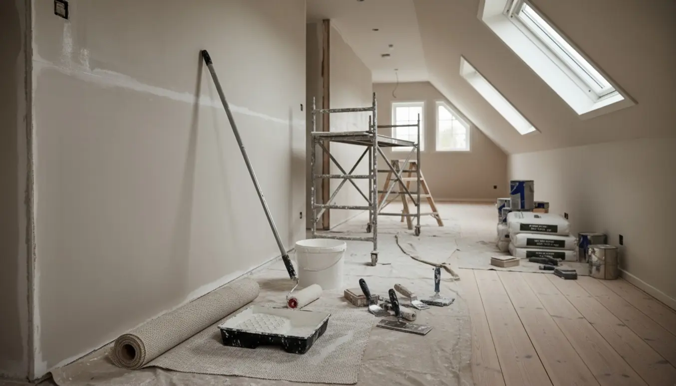 To tilstødende rum med skråvægge og kviste, med værktøj og materialer klar til fuldspartling, opsætning af væv og maling.