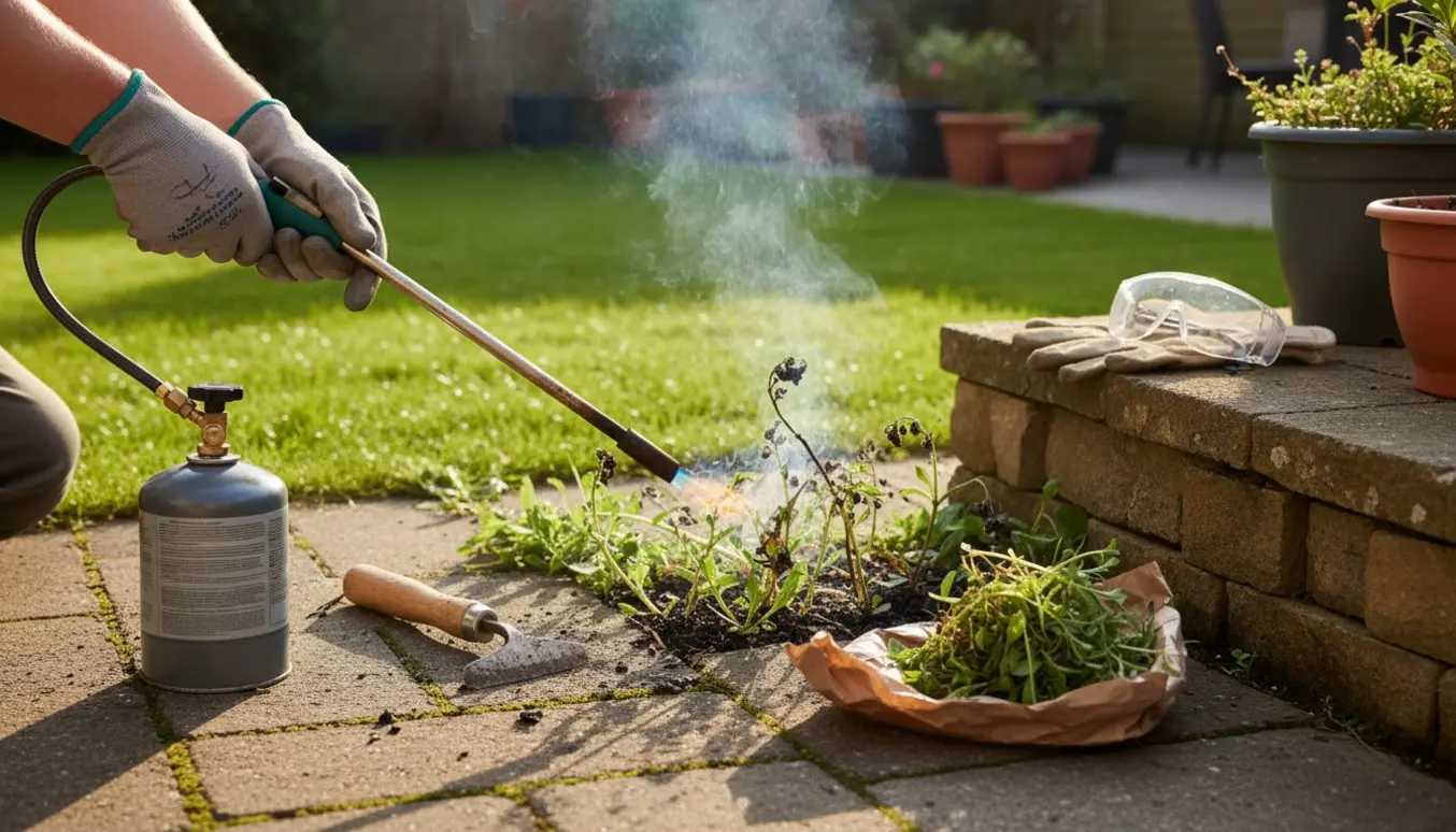 Nærbillede af en gasbrænder og handsker, der fjerner ukrudt mellem belægningssten i en solrig have.