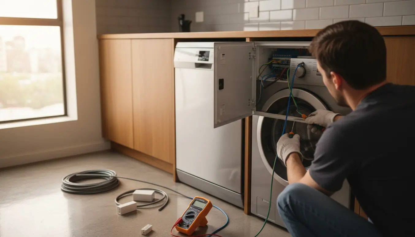 Installatør tilslutter el til en moderne opvaskemaskine og en frontbetjent vaskemaskine i et lyst, ryddeligt køkken.