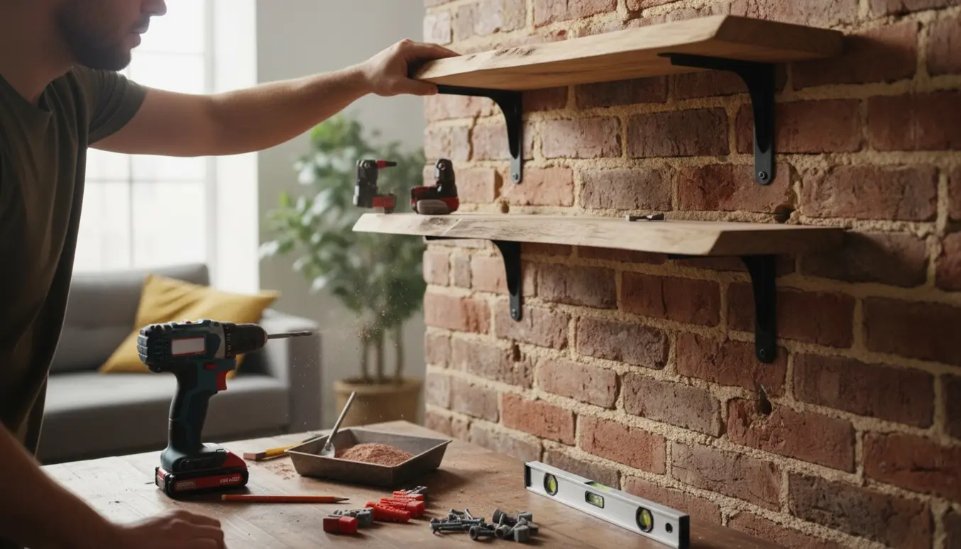 Nærbillede af hænder, der monterer to hylder på en murstensvæg med boremaskine og murankre.