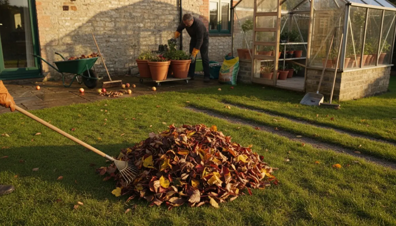 Havearbejde med rive, kost og krukker: blade og nedfaldsfrugter fejes på græs og terrasse, drivhusbund er ryddet.