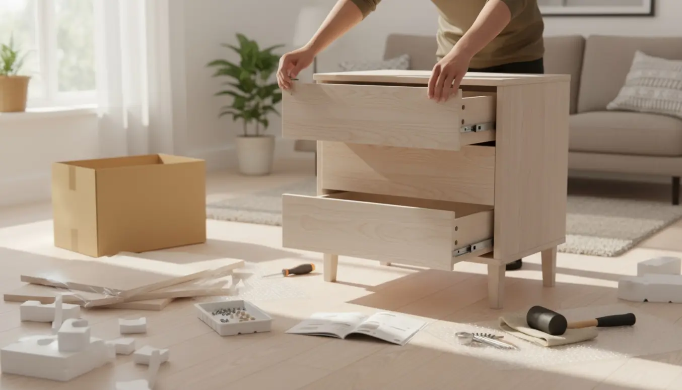 Delvist samlet tre-skuffers kommode på gulvet med værktøj og fladt pakket emballage i en lys stue.