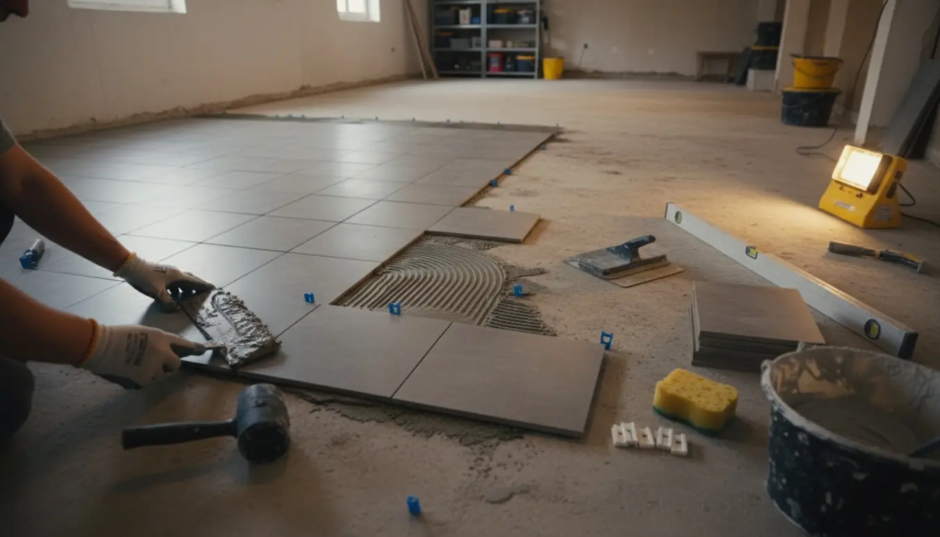 Et kælderrum halvt belagt med 30x60 fliser, hænder der lægger flise med klodser, spartel, fugeværktøj og værktøj ved siden af.