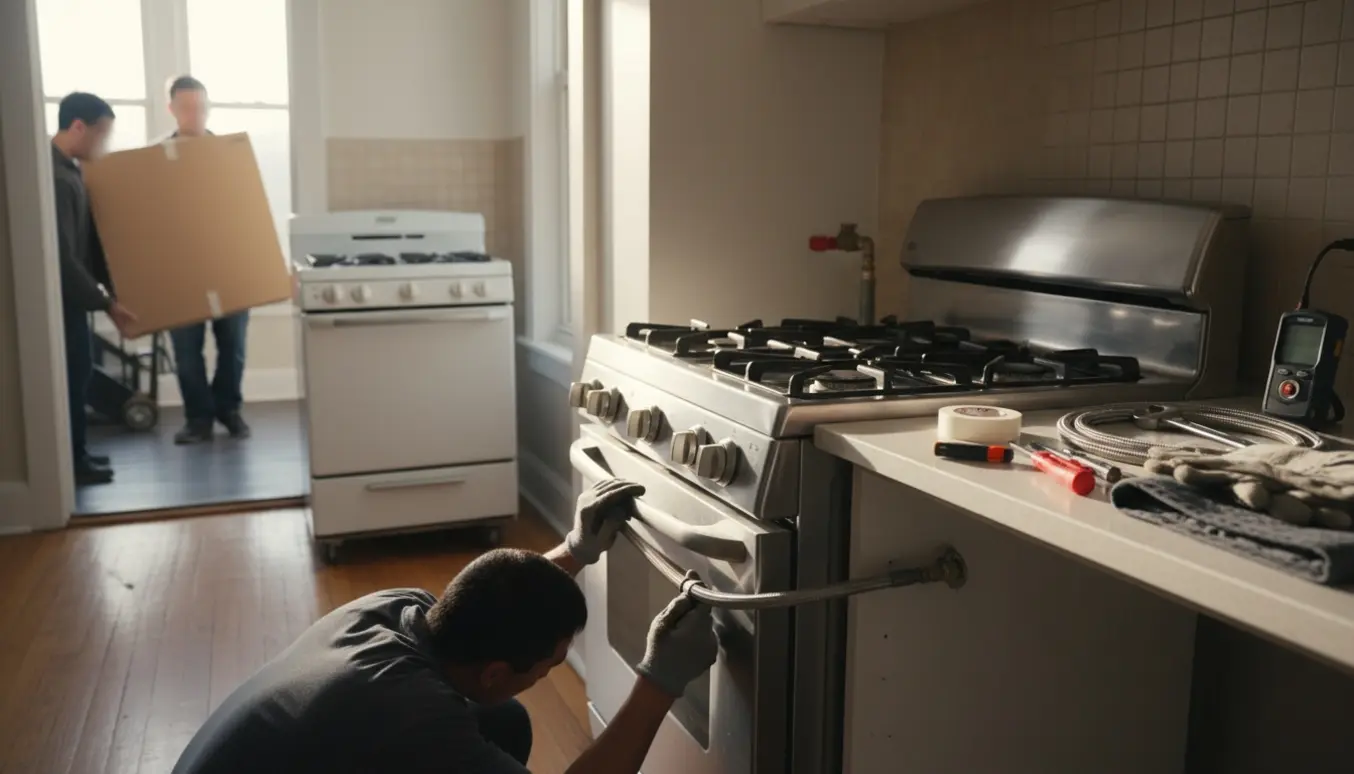 Et nyt gaskomfur bæres op ad trappen, mens teknikerens hænder tilslutter det i en lejlighedskøkken.