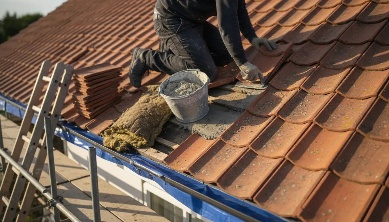 Håndværker reparerer mørtel under tegl og udskifter våd isolering på et ældre tegltag.