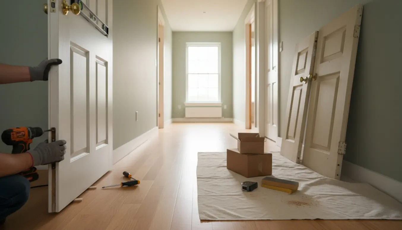 Fire indvendige døre er ved at blive skiftet i en tom gang, med nye døre, værktøj og hænder i fokus.