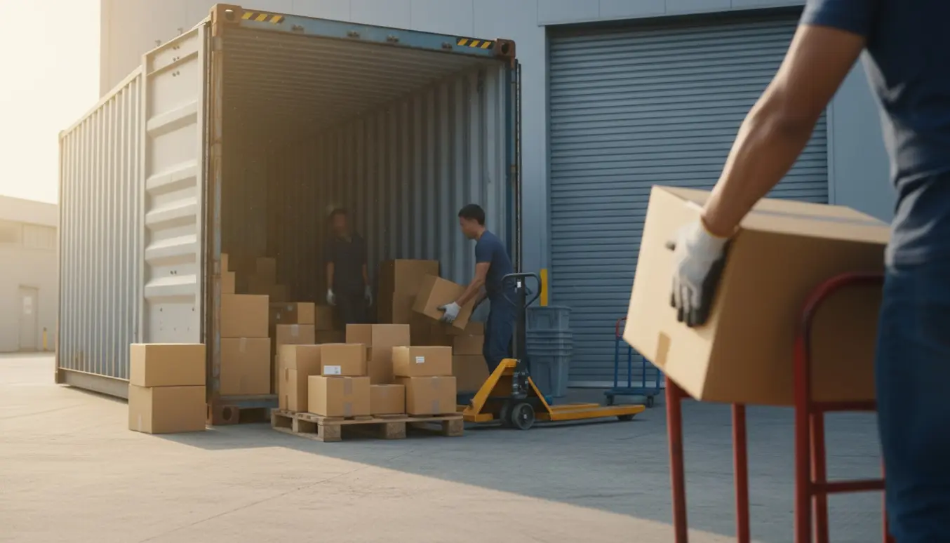 Åben container ved et lager i morgenslys, arbejdere flytter små kasser på traller ind i lageret.