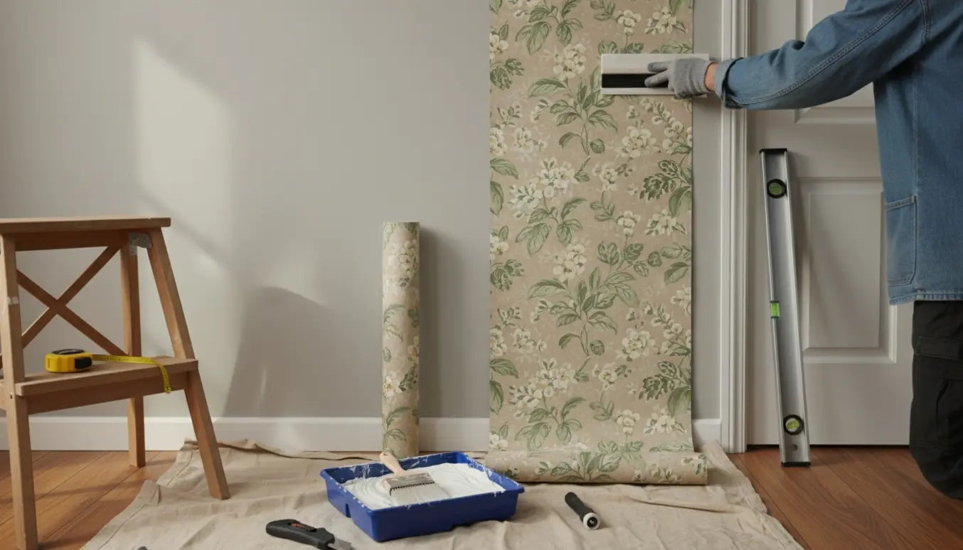 Delvist opsat tapet på én væg i et lyst værelse med værktøj og dækkefolie.