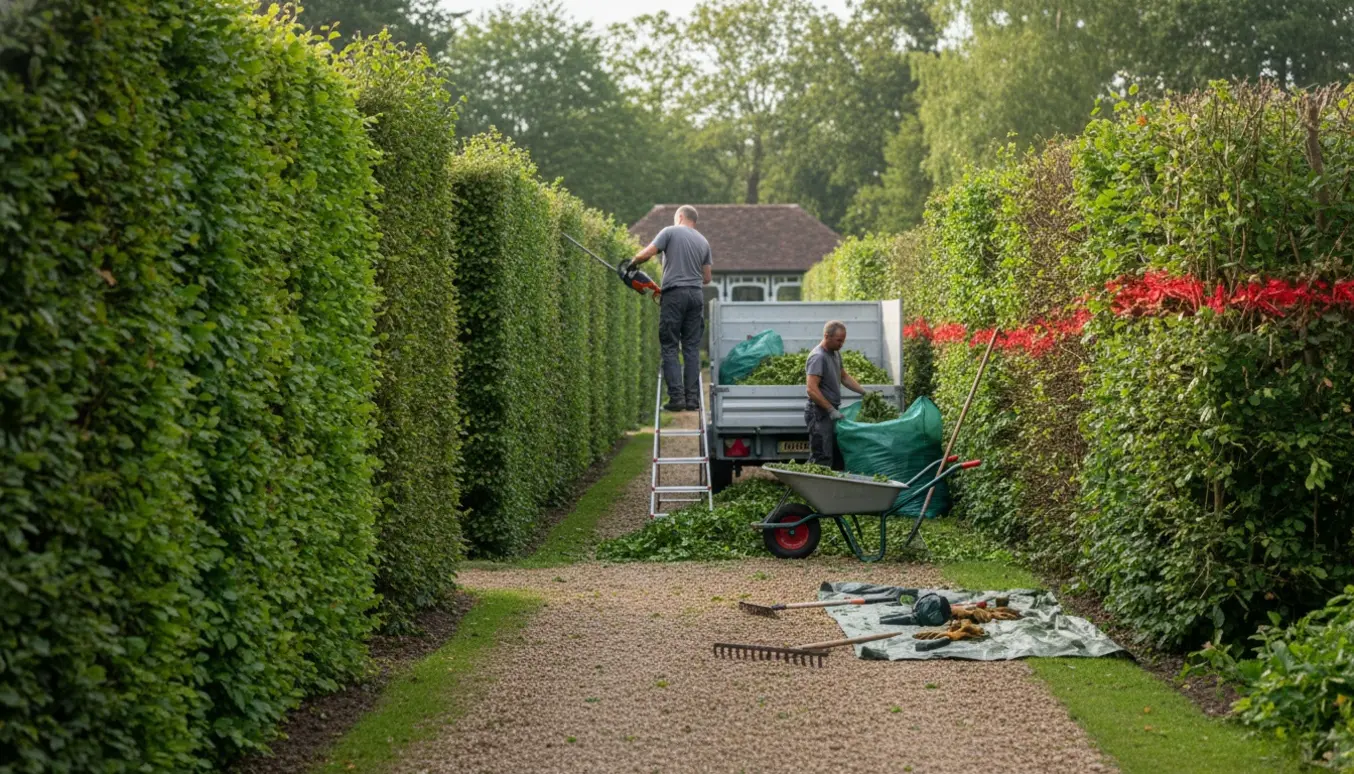 Lang bøge- og ligusterhæk ved en sti med røde markeringer, en person klipper hækken og afklip samles i en trailer.