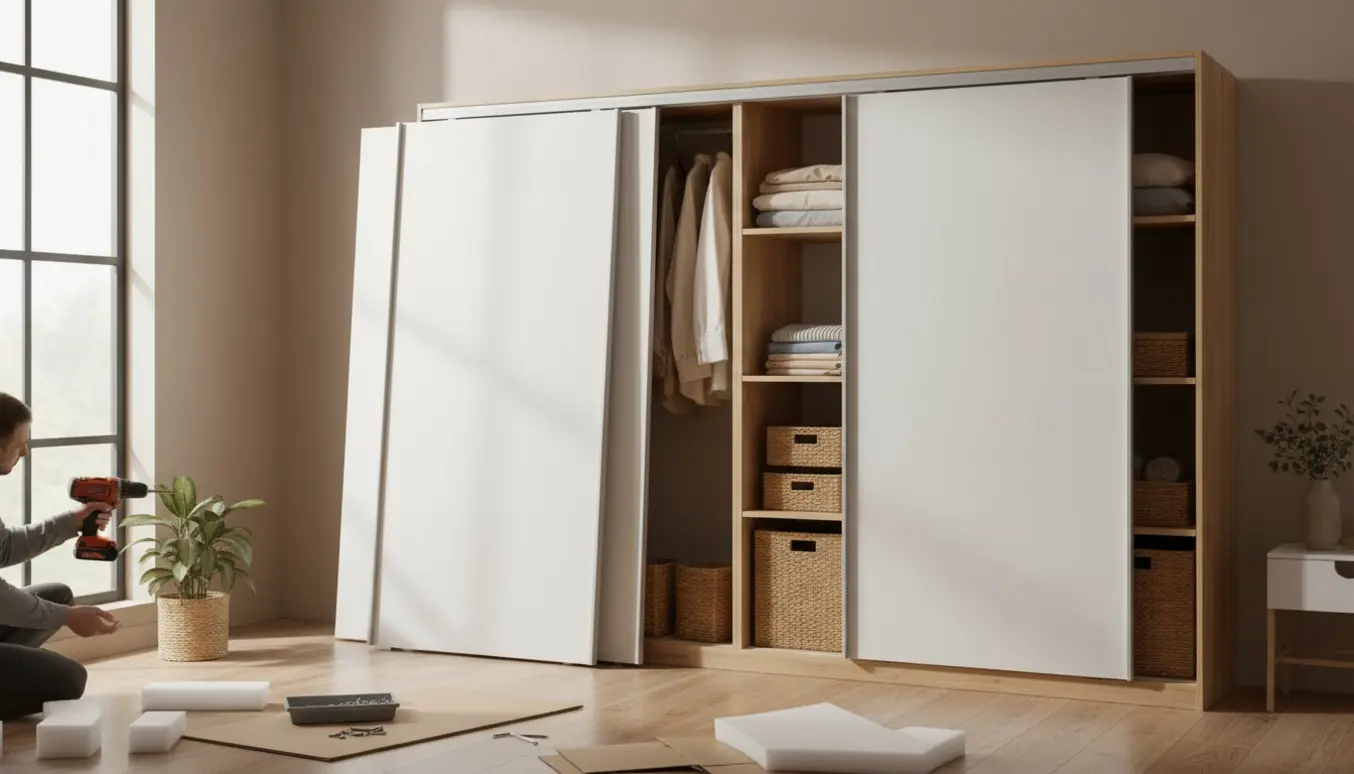 Hænder samler et 120 cm skab med skydelåger i et lyst soveværelse, mens en skinneskinne monteres.