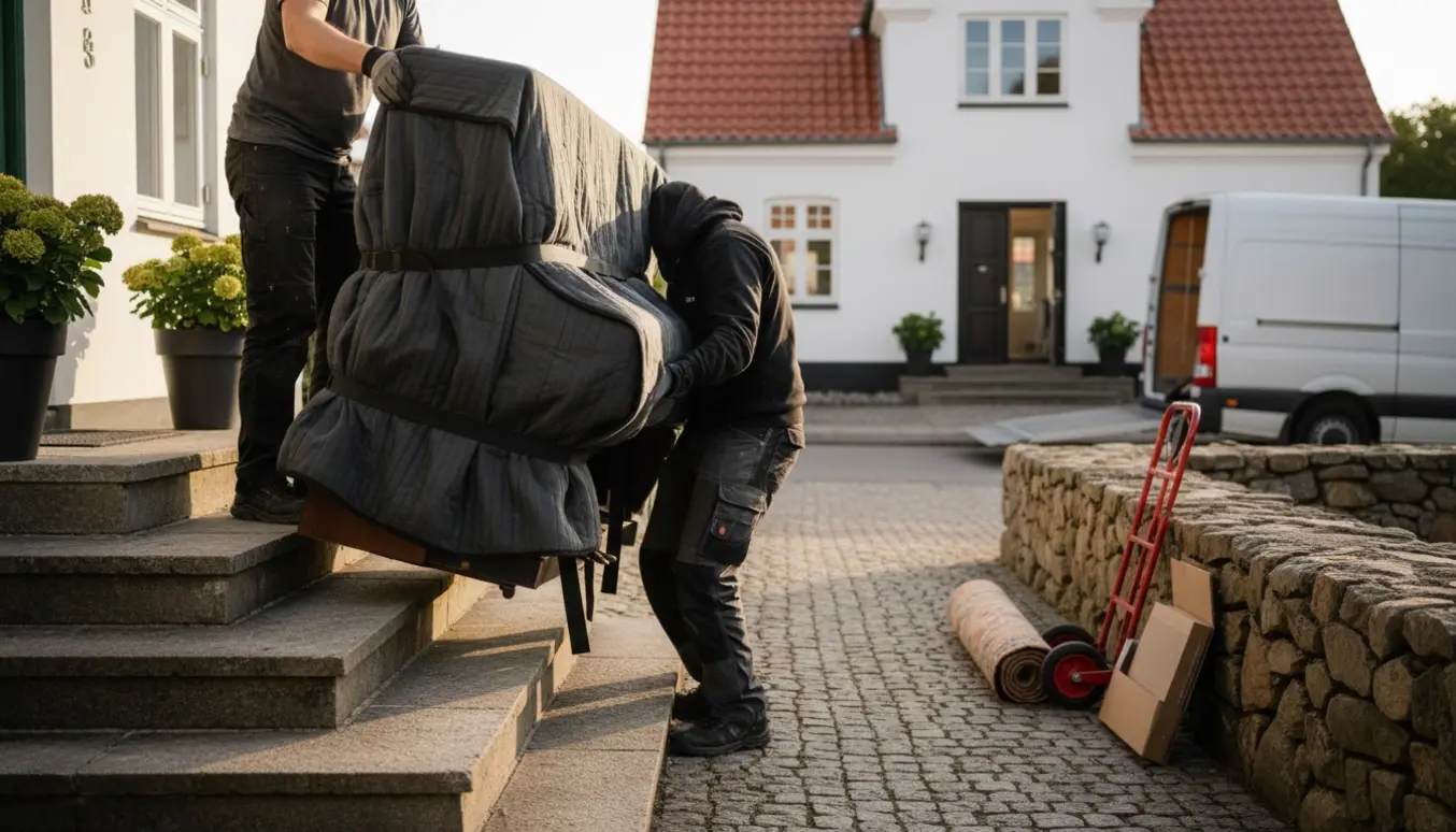 Et lille klaver bliver flyttet ned ad udvendige trapper mellem to villaer i Rønde.