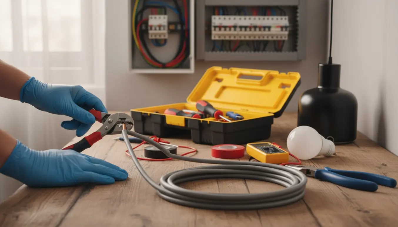 Værktøj og el-udstyr ved en åben eltavle, mens en handske‑klædt hånd arbejder med ledninger.