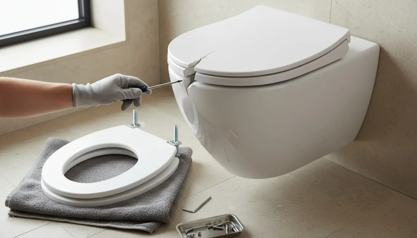 Nærbillede af udskiftning af et revnet softclose toiletsæde på et væghængt toilet.