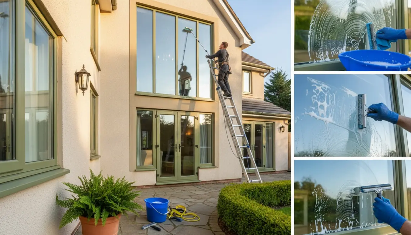 Vinduespudser renser ruder og terrassedøre på en to-etagers villa i blødt morgenlys.
