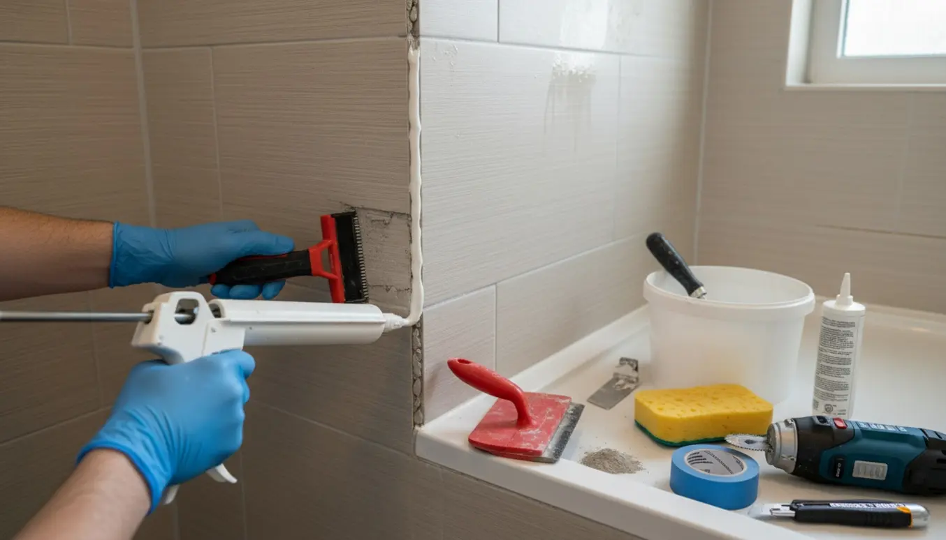 Nærbillede af handsker og værktøj, mens ny silikone og fuger skiftes i en flisebelagt brusekabine.