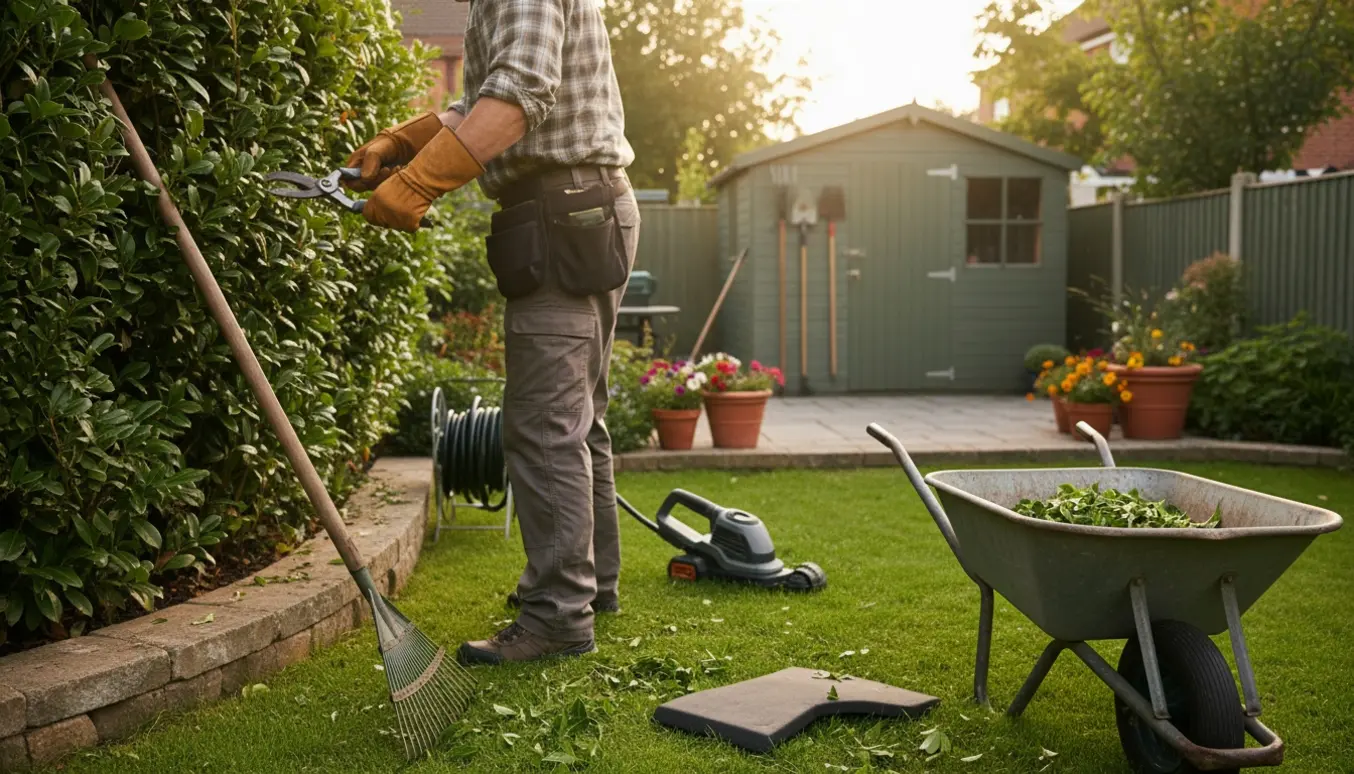 En håndværker/havemand beskærer en hæk ved en velplejet have, med skovl, trillebør og haveredskaber i baggrunden.