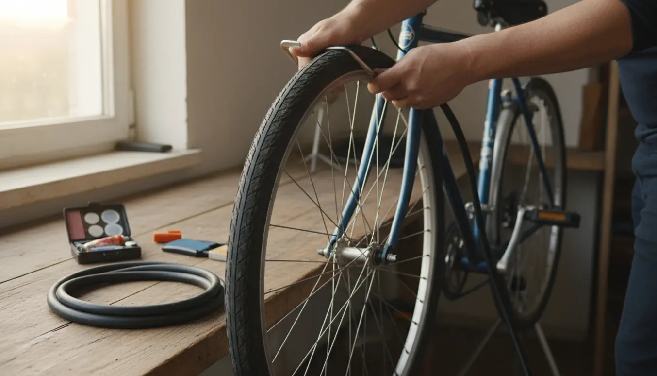 Hænder lappper og monterer en ny slange på et cykeldæk med en fodpumpe ved siden af.