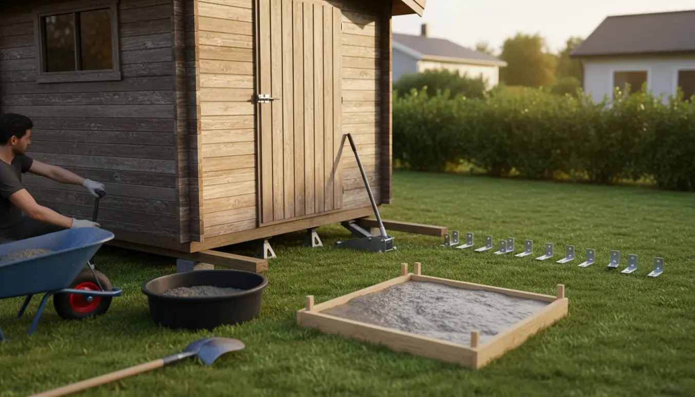 Et lille træskur løftes på skinner mens stolpesko og frisk beton forberedes i en baghave.
