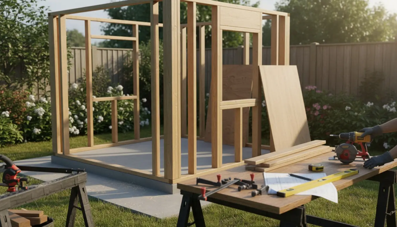 Tømrere monterer træramme til et nyt anneks på en støbt sokkel med værktøj og byggematerialer i baggrunden.