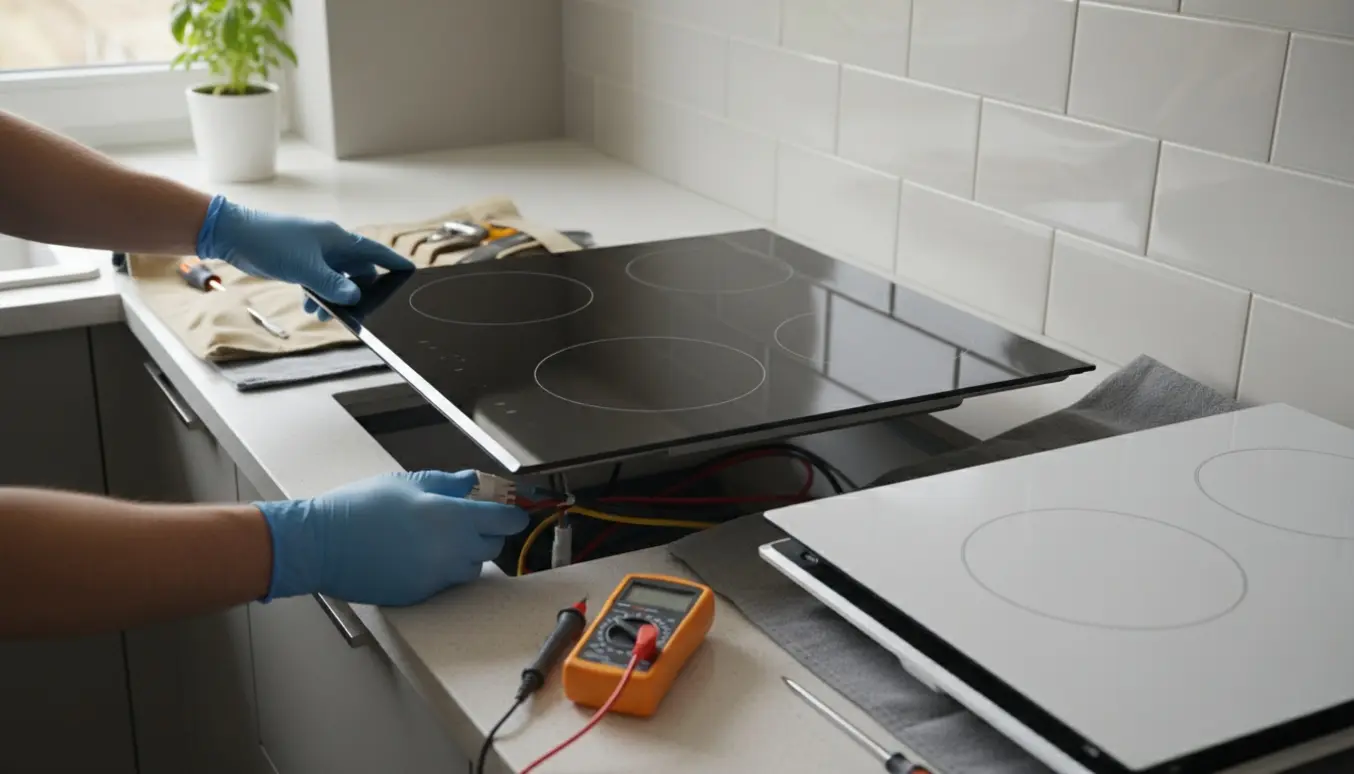 Montering af en ny induktionskogeplade i et moderne køkken med hænder og værktøj synlige.