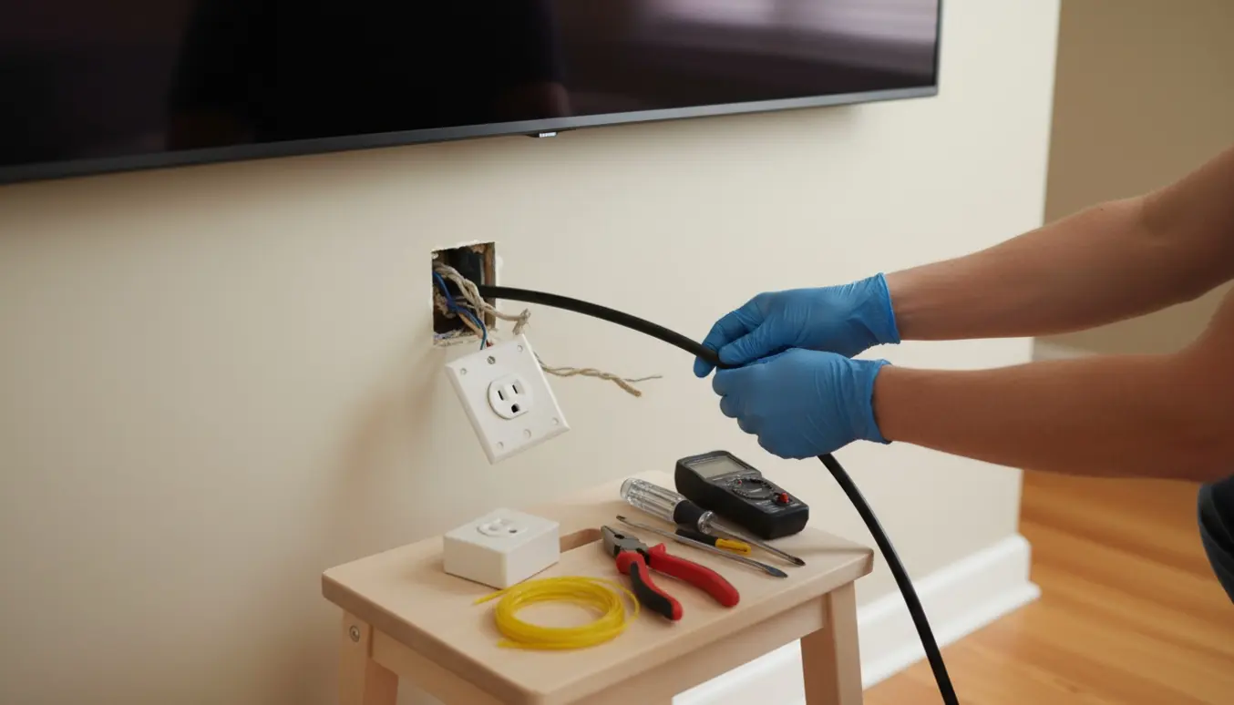 Tekniker trækker kabel til vægmonteret TV og udskifter en stikkontakt, mens gamle ledninger vurderes.