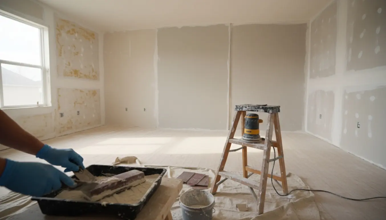 Hænder spartler og sliber tre vægge efter fjernet akustikvæg, klar til maling.