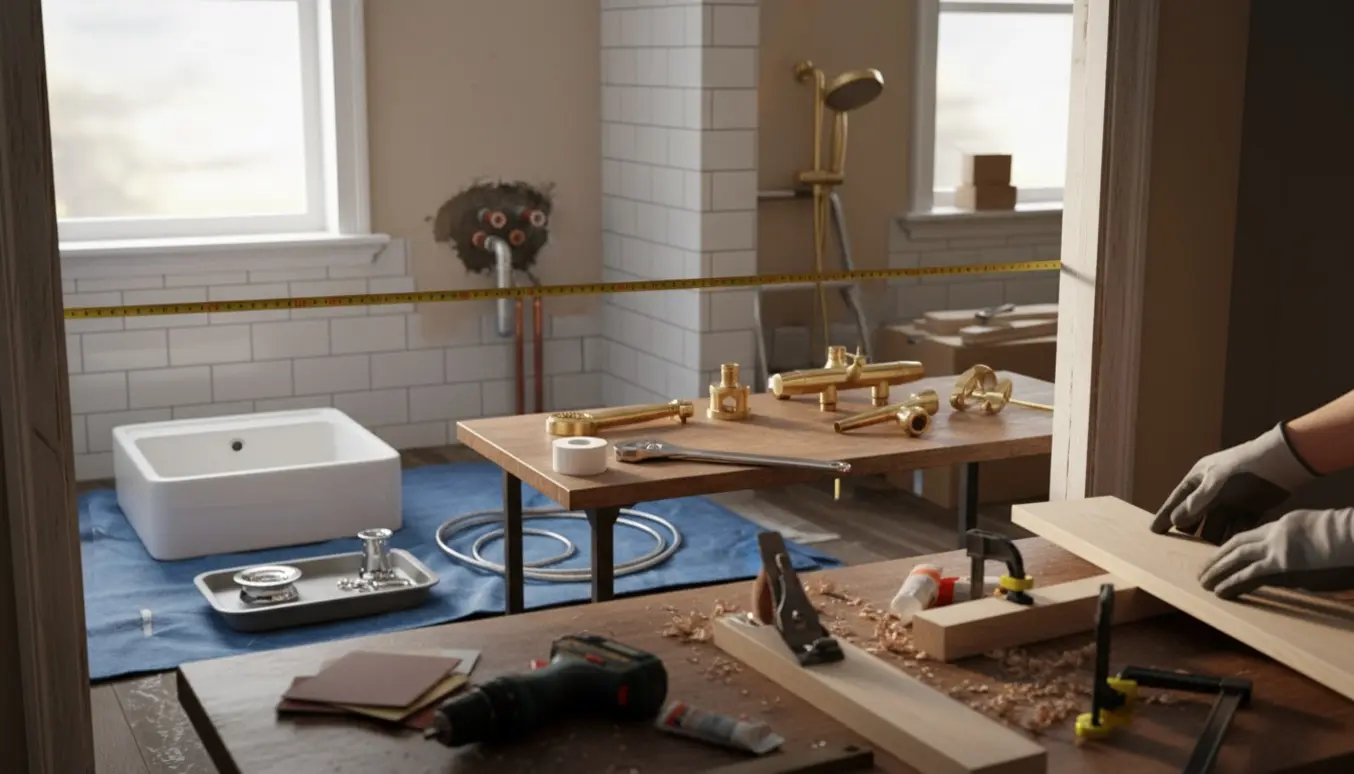 Et badeværelse under renovering med udskiftet håndvask og bruseamatur, og en håndværker der reparerer en dørkarm.