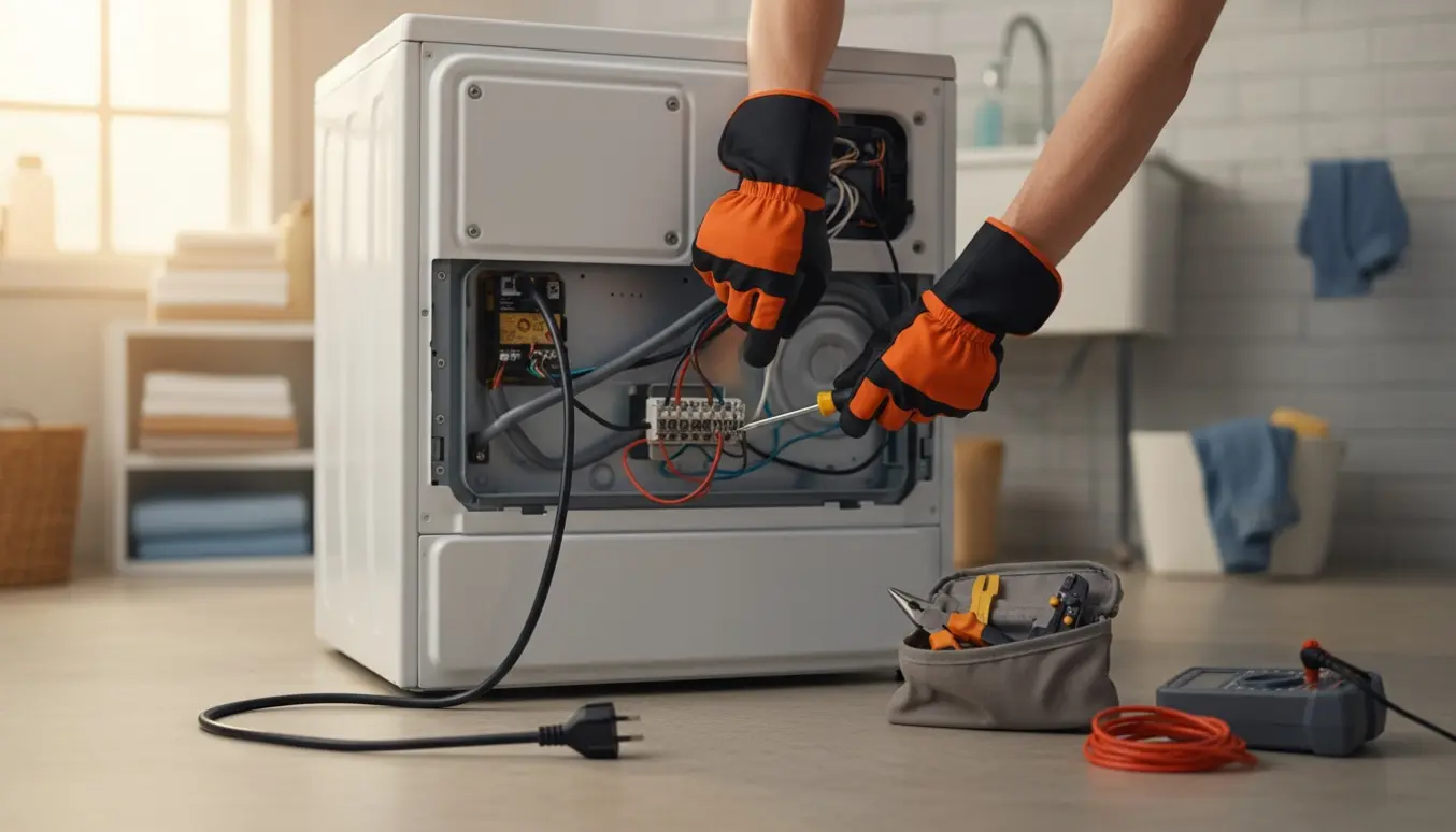 Hænder i isolerede handsker inspicerer løse ledninger bag en åben vaskemaskine i et lyst vaskerum.