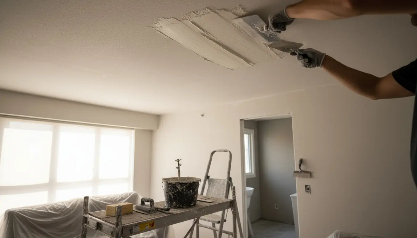 Nærbillede af et lejlighedsloft under pudsning med murske og stillads, og et lille badeværelse med microcement synligt i baggrunden.