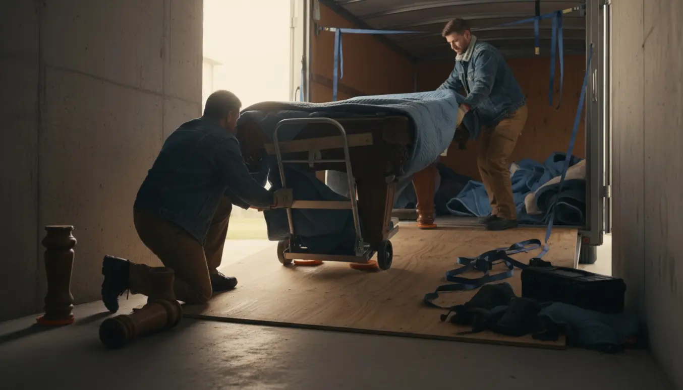 To personer løfter et indpakket poolbord fra en kælder op ad en rampe og ind i en åben trailer.