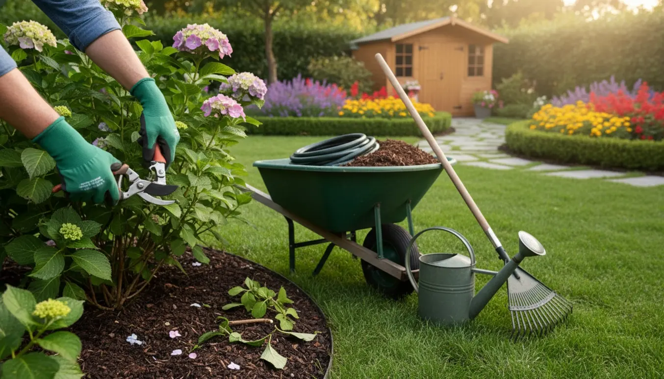 Hænder i handsker beskærer en busk ved en velplejet græsplæne med trillebør og haveredskaber i morgensol.