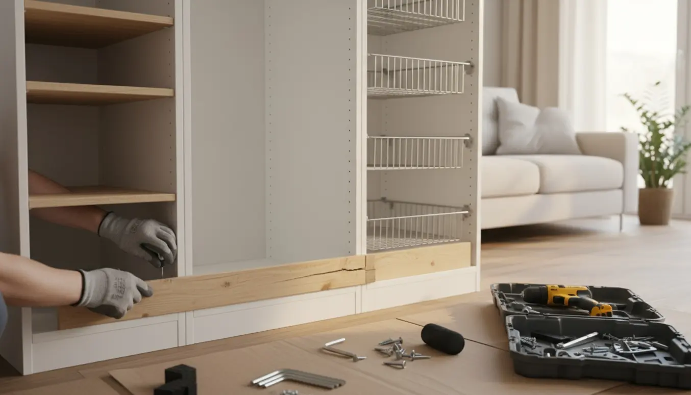 Delvist samlet hvidt PAX-garderobeskab uden låger med hylder, trådkurve, værktøj og træforstærkning ved bunden i et lyst rum.