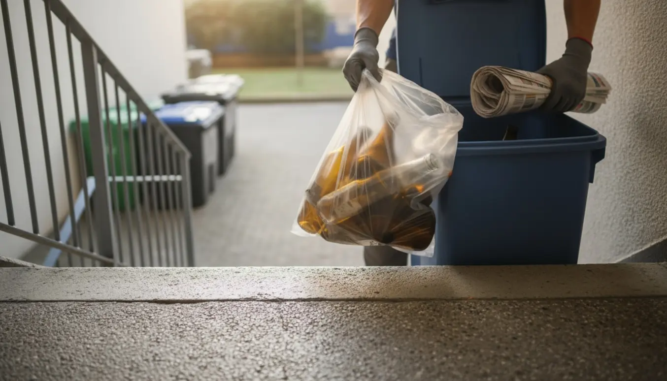 Fyldte sække med flasker og aviser bæres ned ad trappe mod genbrugscontainere.
