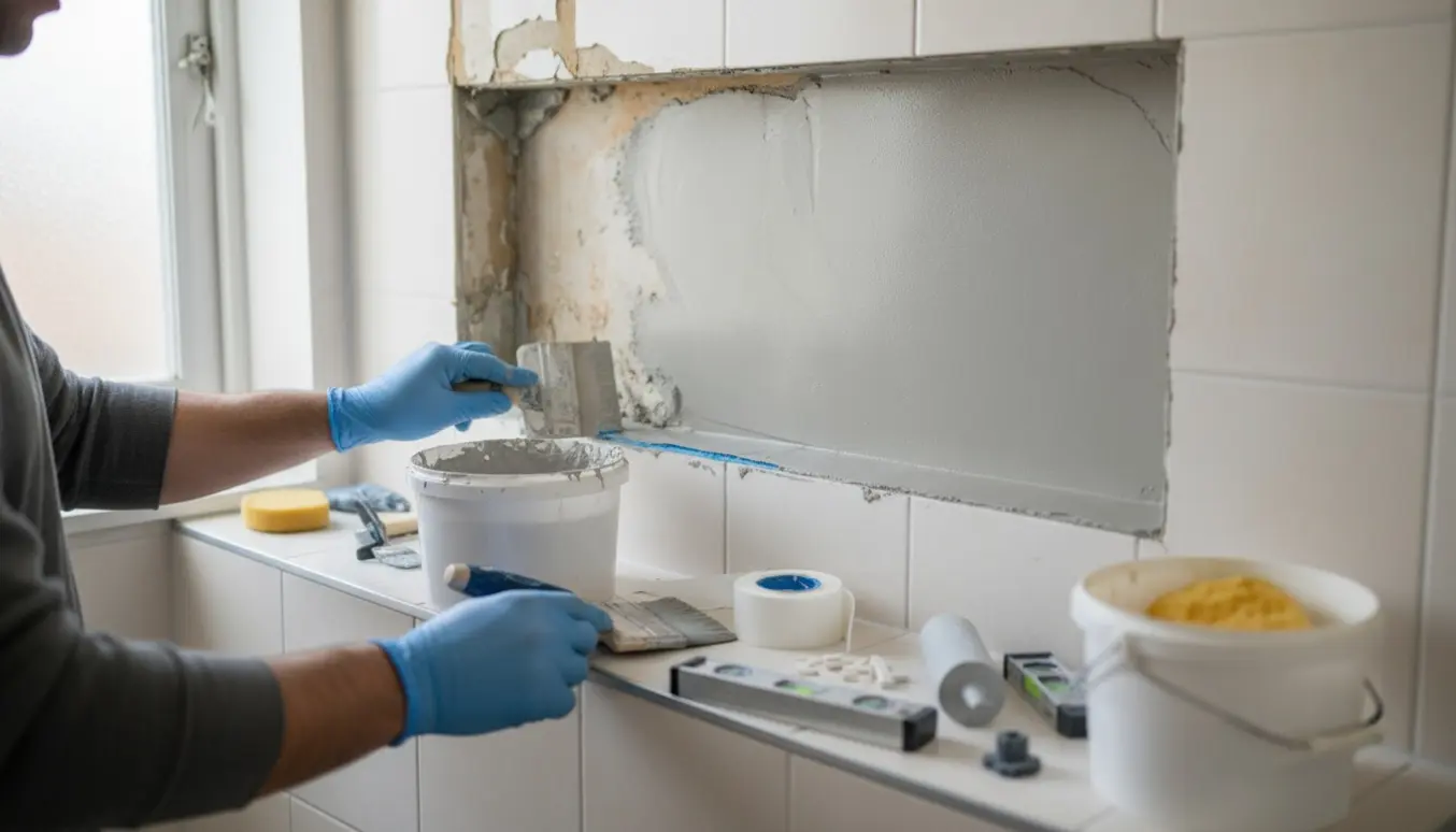 Nærbillede af en bruseniche under renovering med påført microcement og værktøj til vandtætning.