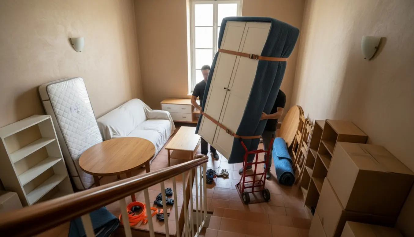 Et samlet PAX-garderobeskab bæres ned ad en lys opgang med møbler og flyttekasser på landingen.