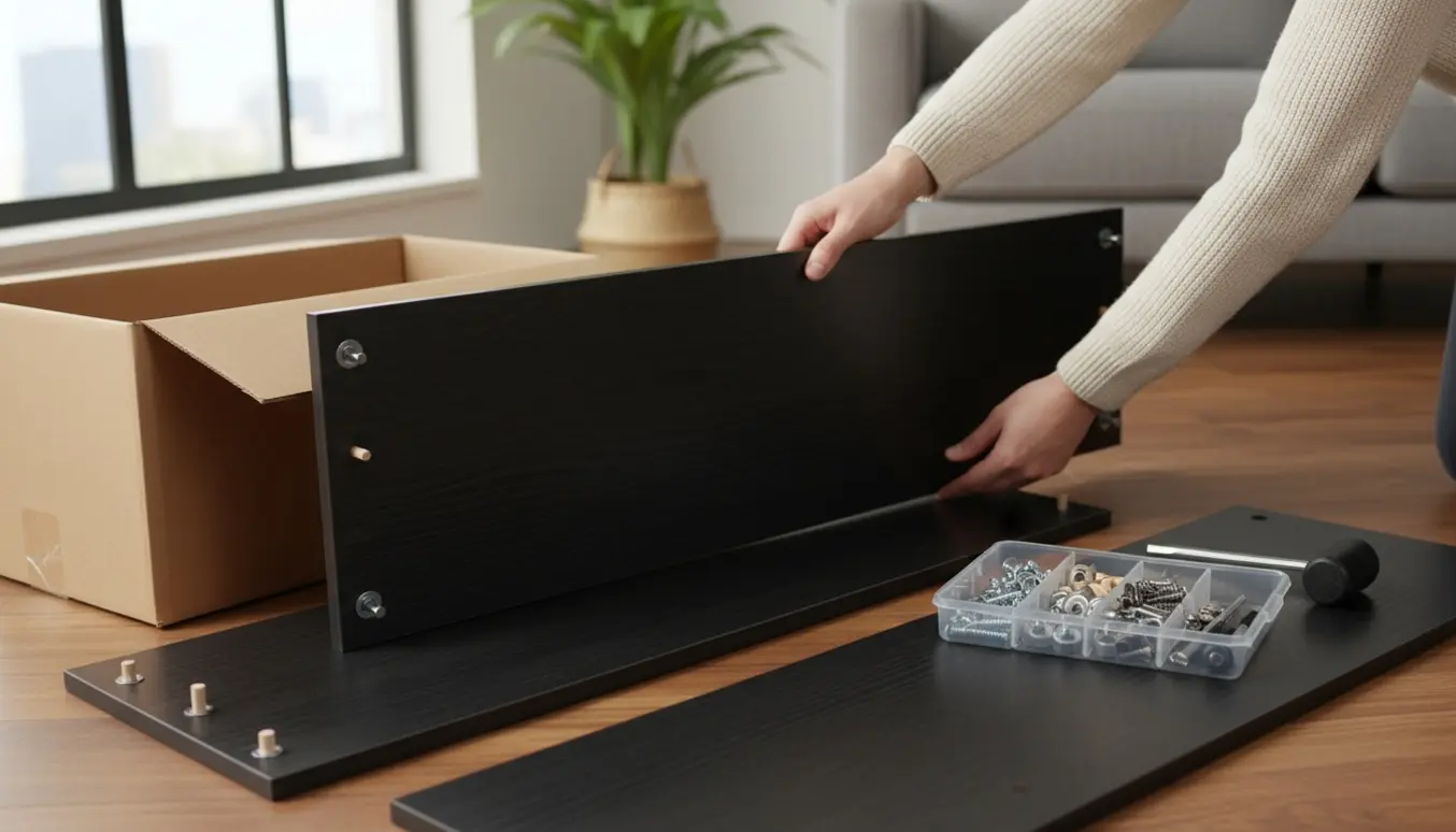 Hænder samler en sort-eg reol på trægulv med skruer og værktøj i naturligt dagslys.