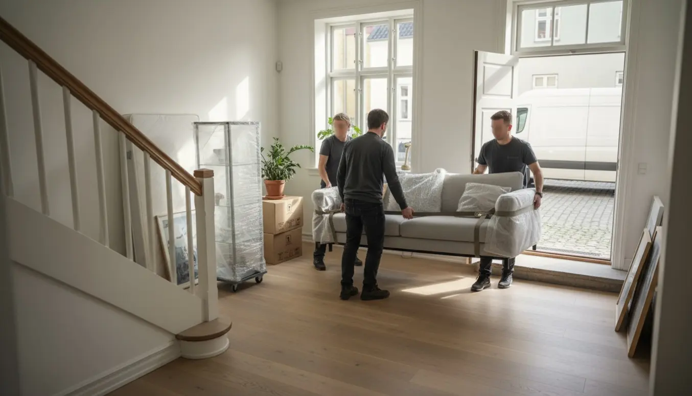 Flyttefolk bærer en sofa ned ad en bred trappe med indpakkede vitriner, madras, kasser og planter omkring dem.