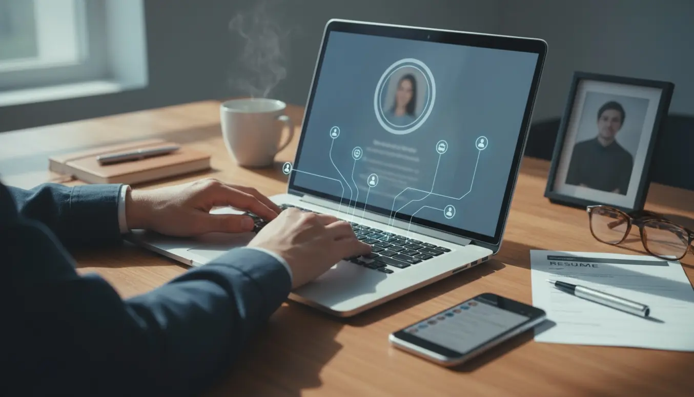 Nærbillede af hænder, der opdaterer en online karriereprofil på en bærbar ved et ryddeligt skrivebord.