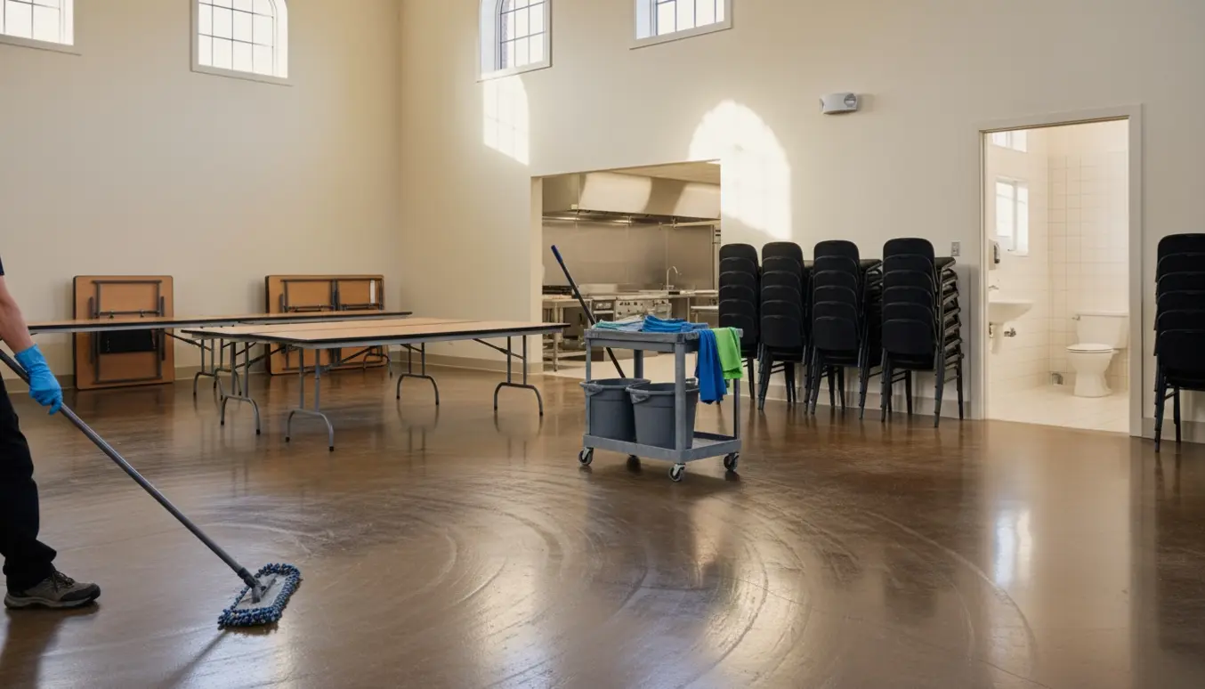 En rengøringsperson mopper et stort lokale med stablede stole, sammenklappede borde og et nyrengjort køkken i baggrunden.