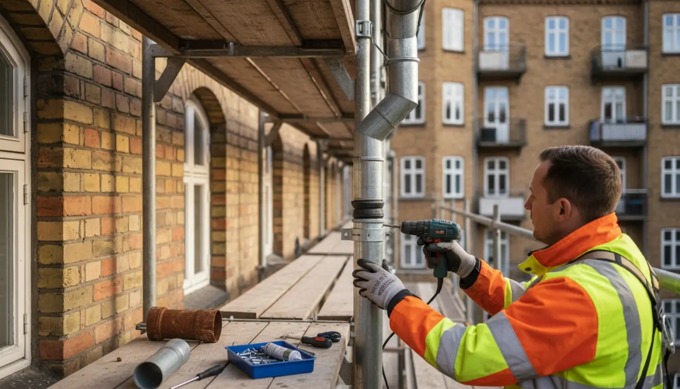 Udskiftning af nedløbsrør på fem-etagers murstensbygning med håndværker og værktøj på stillads.