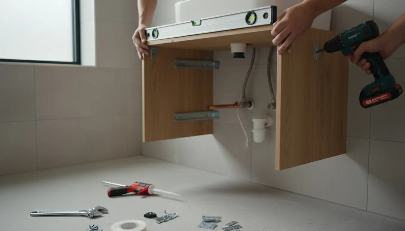 Hænder monterer et nyt væghængt vaskemøbel i et badeværelse med værktøj og synlige rør.