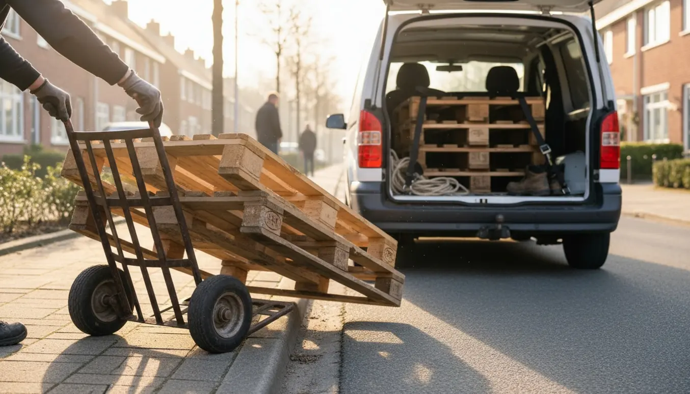 Euro-paller læsses på en varebil i morgenlys, med handske‑klædte hænder og stropper.
