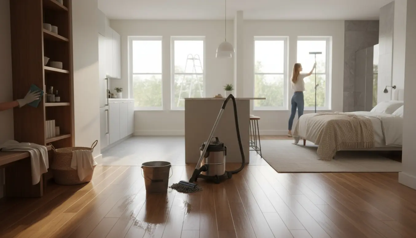 Indvendigt foto af en nyvasket 3-værelses lejlighed med moppe, støvsuger og vinduespudser, set indefra.