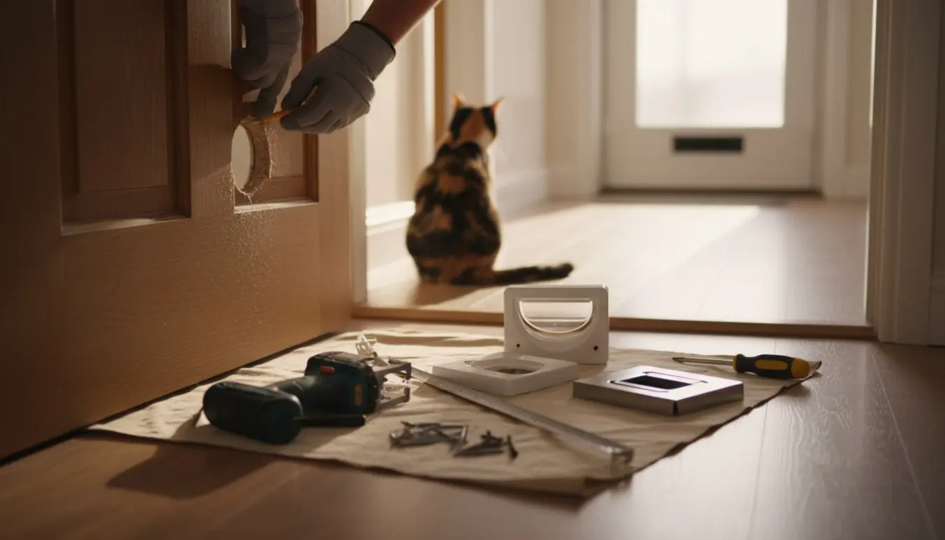 Hænder monterer en kattelem i en yderdør med værktøj og en nysgerrig kat i baggrunden.