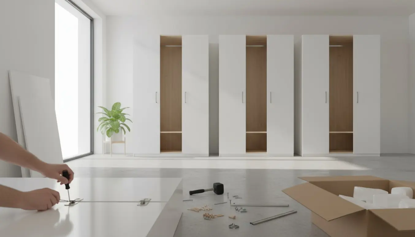 Hænder samler Ikea-garderobeskabe i et lyst rum med værktøj og åbne pakker.