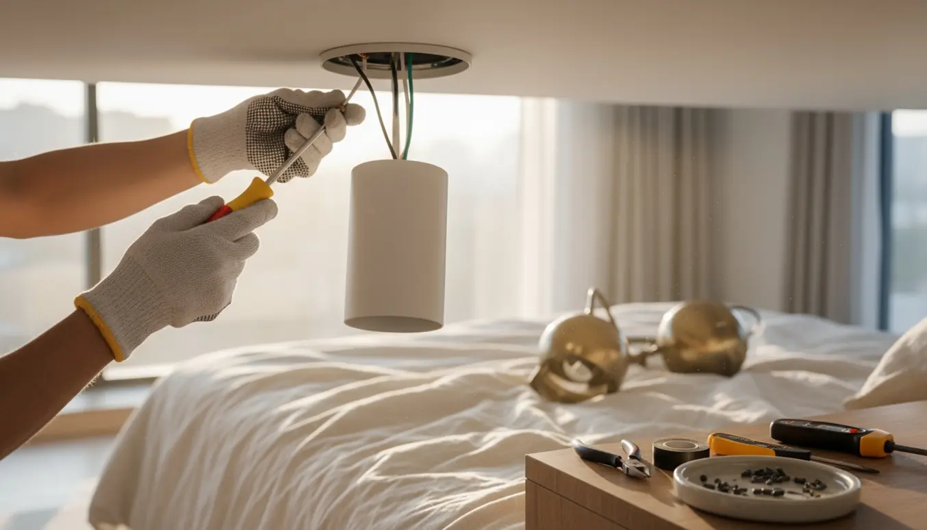 Hænder monterer en ny loftlampe fra en stige i et soveværelse, med den gamle lampe og værktøj på sengen.