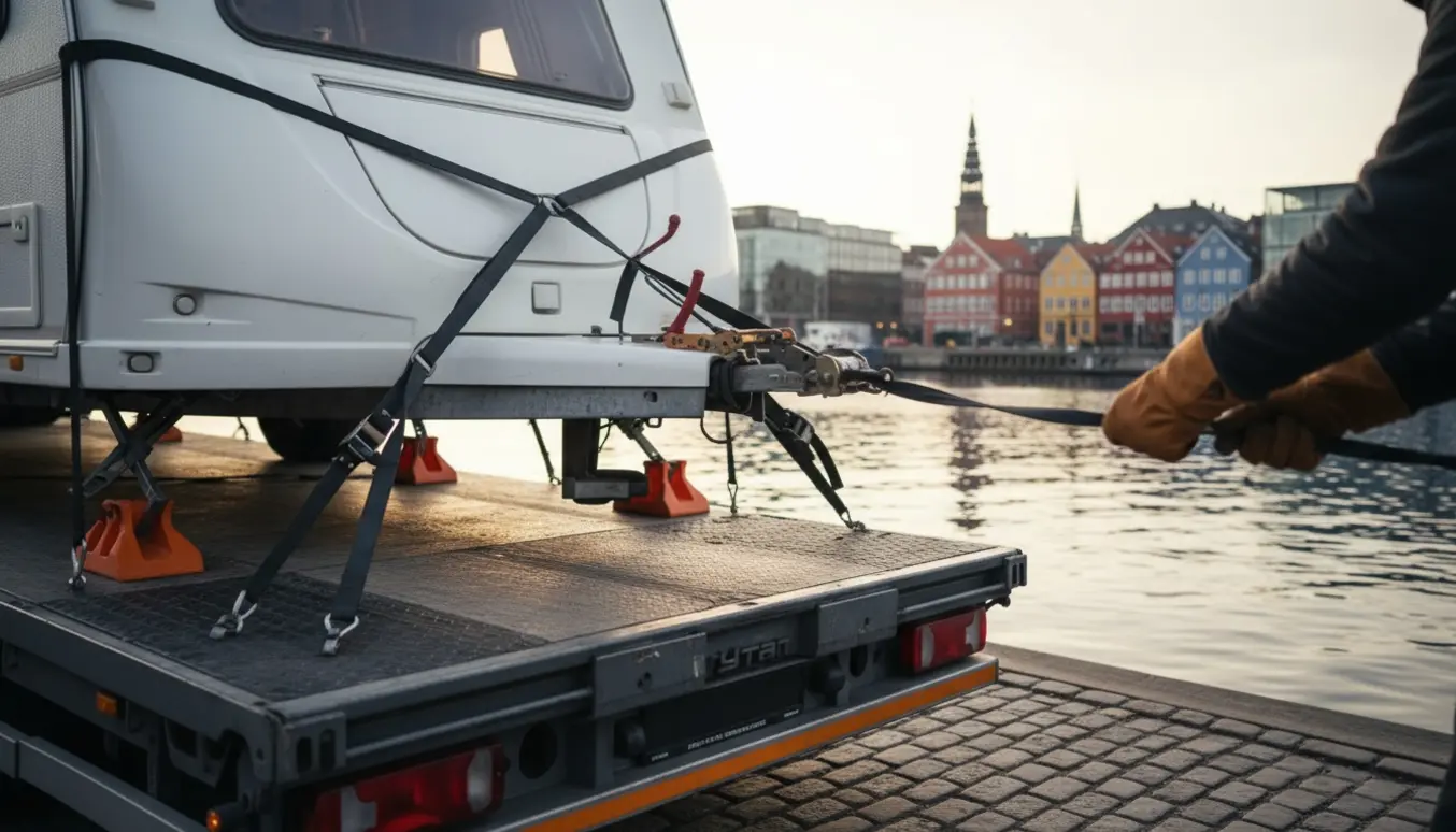 En lille campingvogn fastgjort med stropper på en fladvogn ved Københavns havnefront i blødt morgenlys.