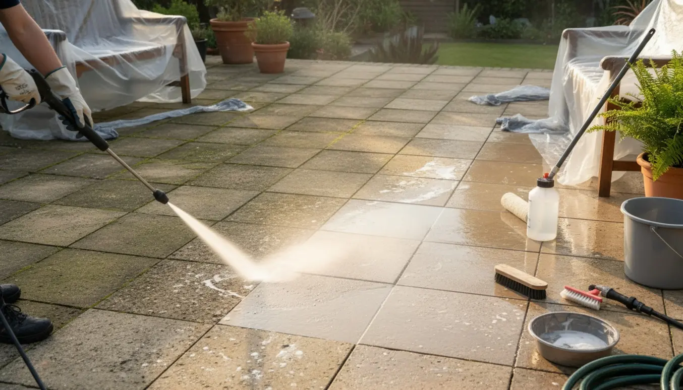 En person rengør og imprægnerer en flisebelagt terrasse med tydelig før‑og‑efter forskel.