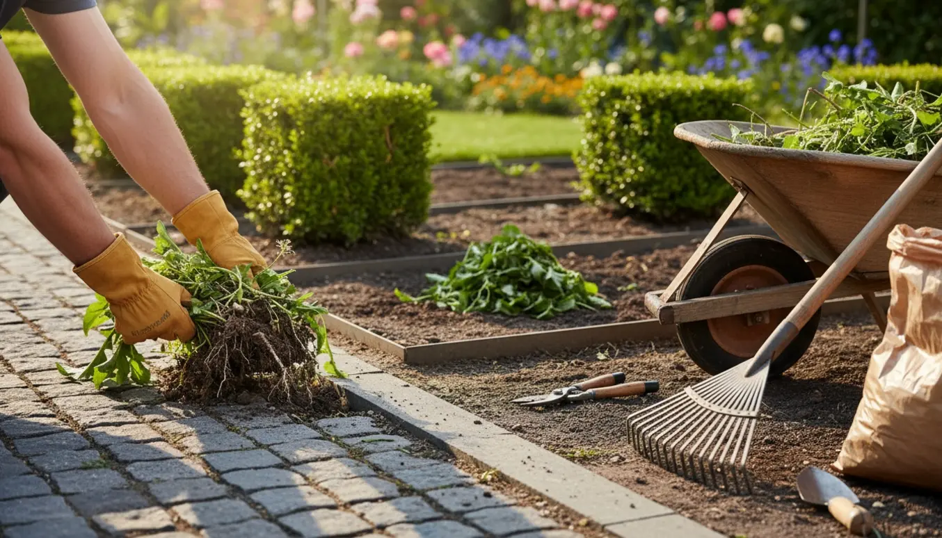 Hænder i arbejdshandsker fjerner ukrudt langs indkørsel og fortov med beskårne bede og trillebør i baggrunden.