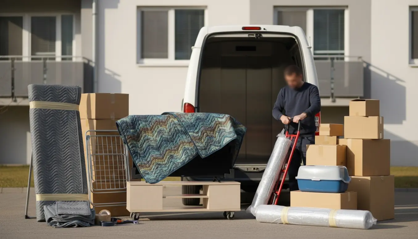 Flyttevogn og beskyttede møbler ved en opgang med elevator, klar til transport.
